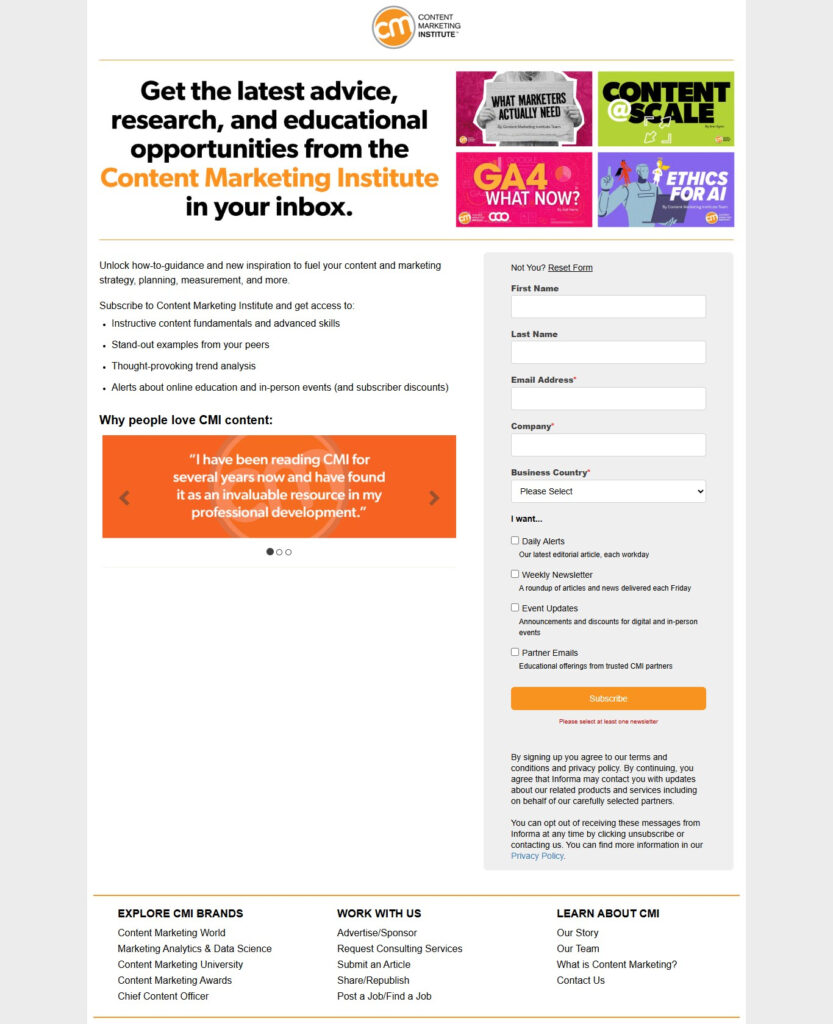 Content Marketing Institute newsletter for content marketers