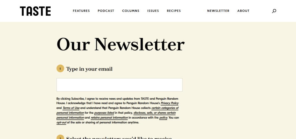 TASTE home cooking newsletter