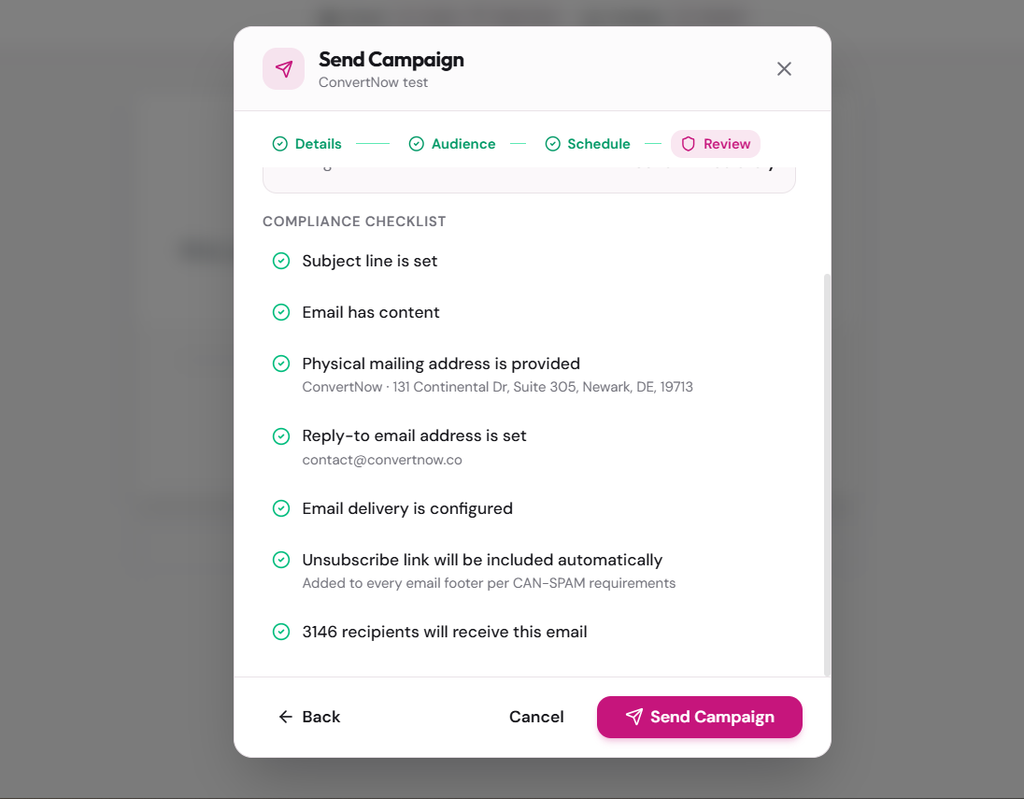 Checking for compliance before sending the email on ConvertNow.co