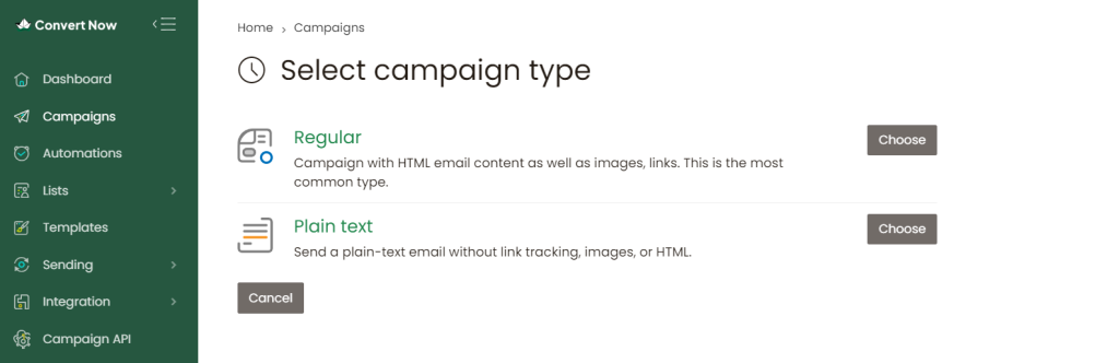 select regular campaign type ConvertNow