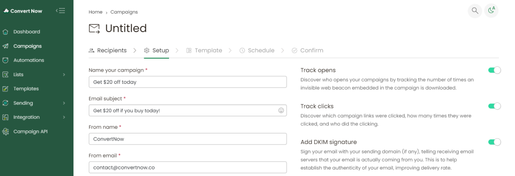 ConvertNow campaign setup section