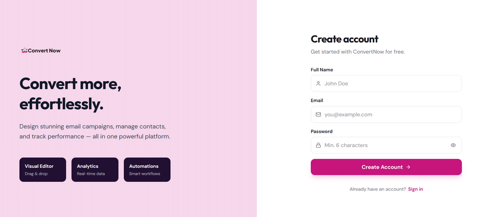 ConvertNow sign up page