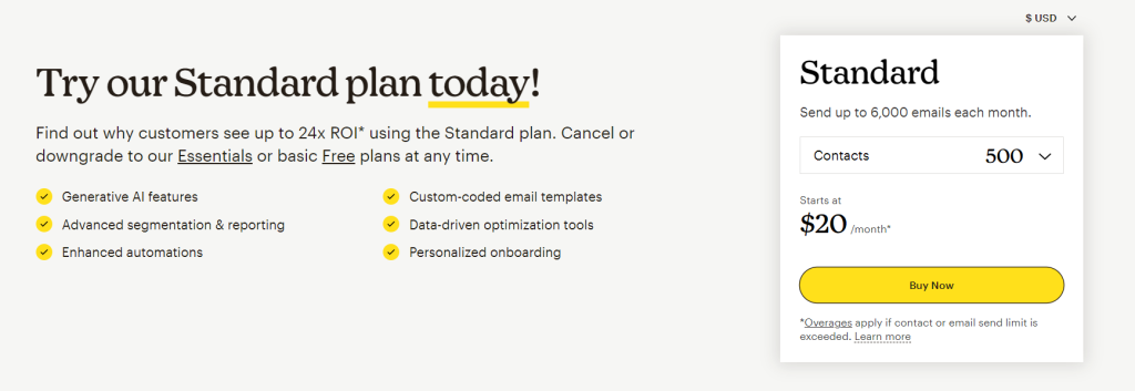 Mailchimp standard pricing plan