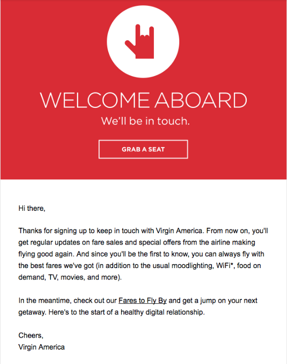 Virgin America welcome email to new subscriber