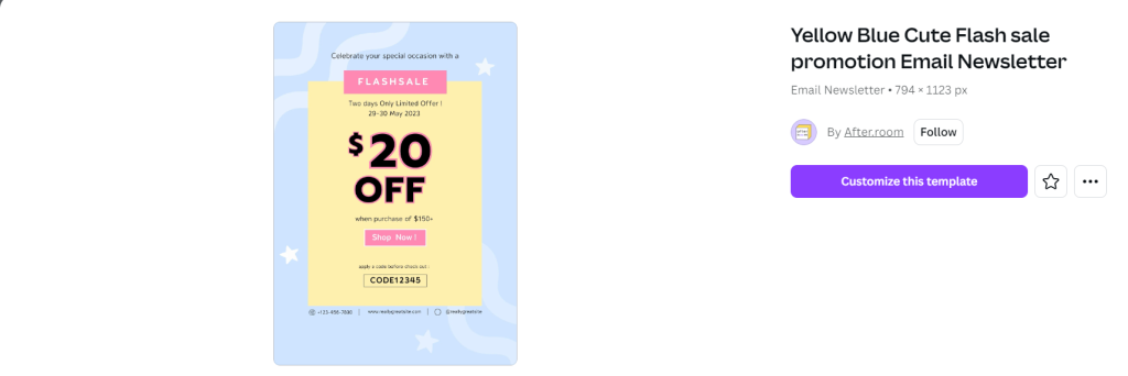 Example template for promotional email in Canva