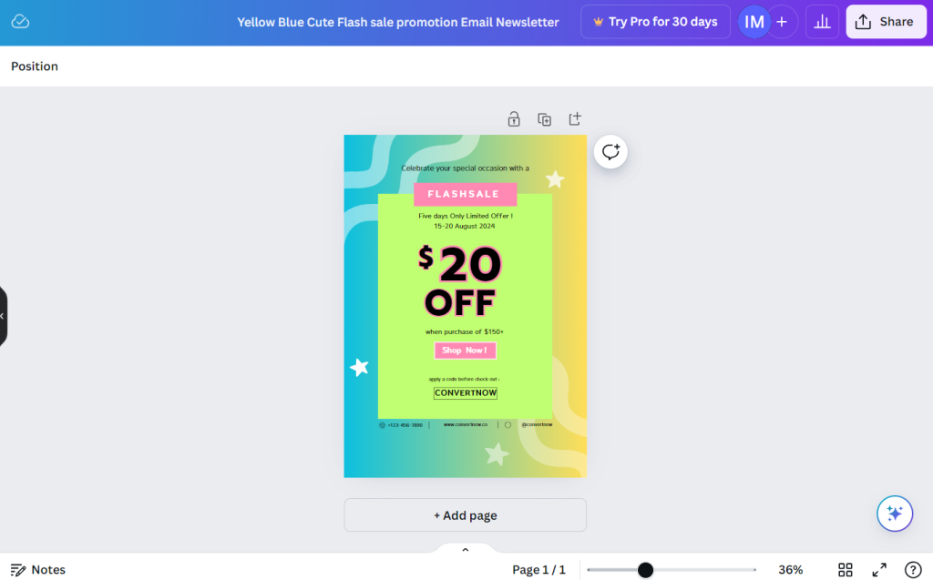 Convertnow promotional email example on Canva